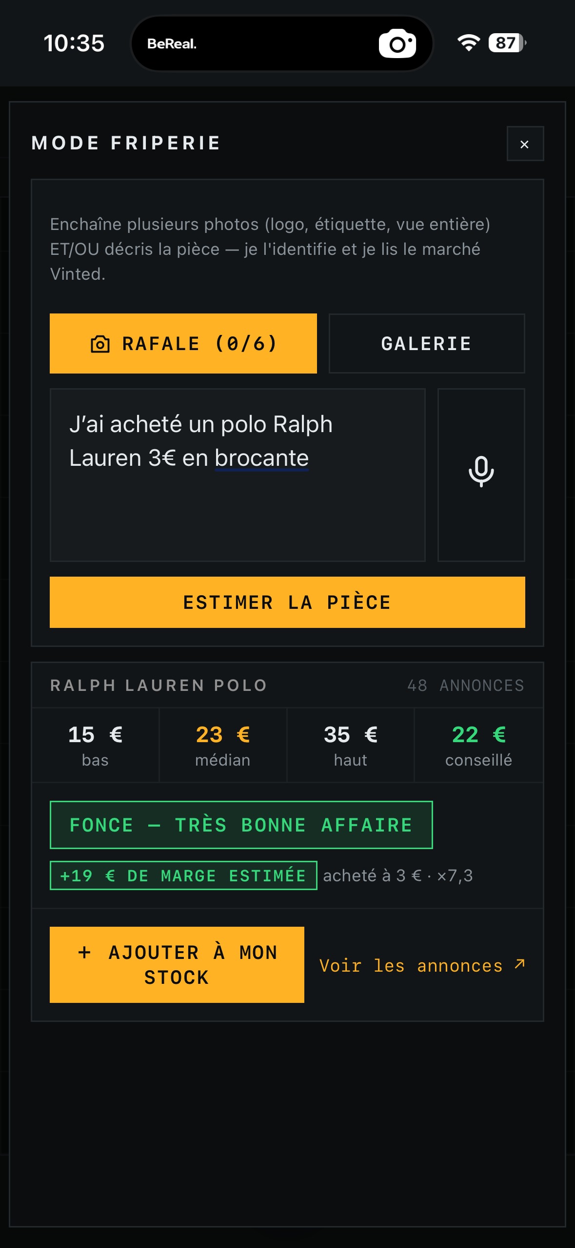 Écran Mode friperie : estimation d'une pièce par photo