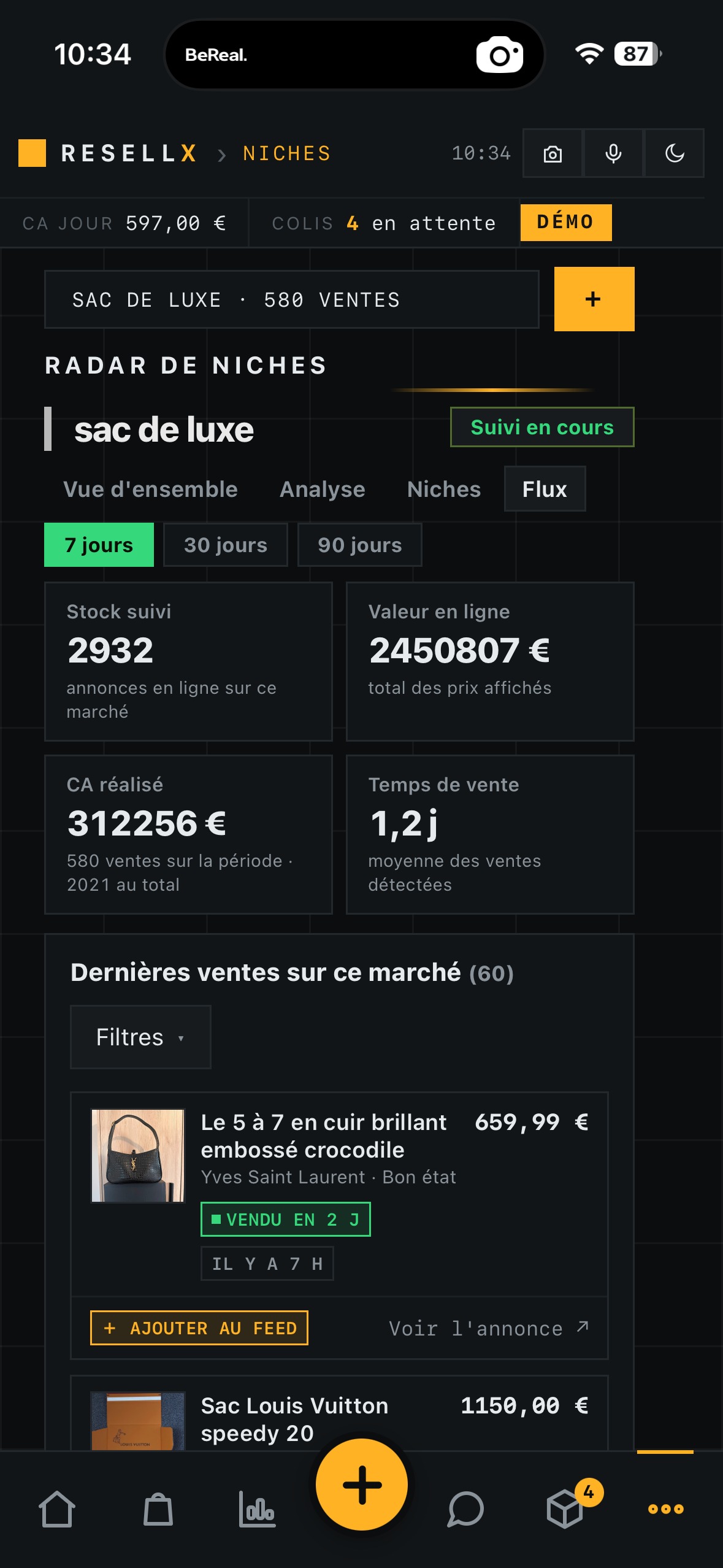 Écran Radar de niches : ventes réelles du marché suivi